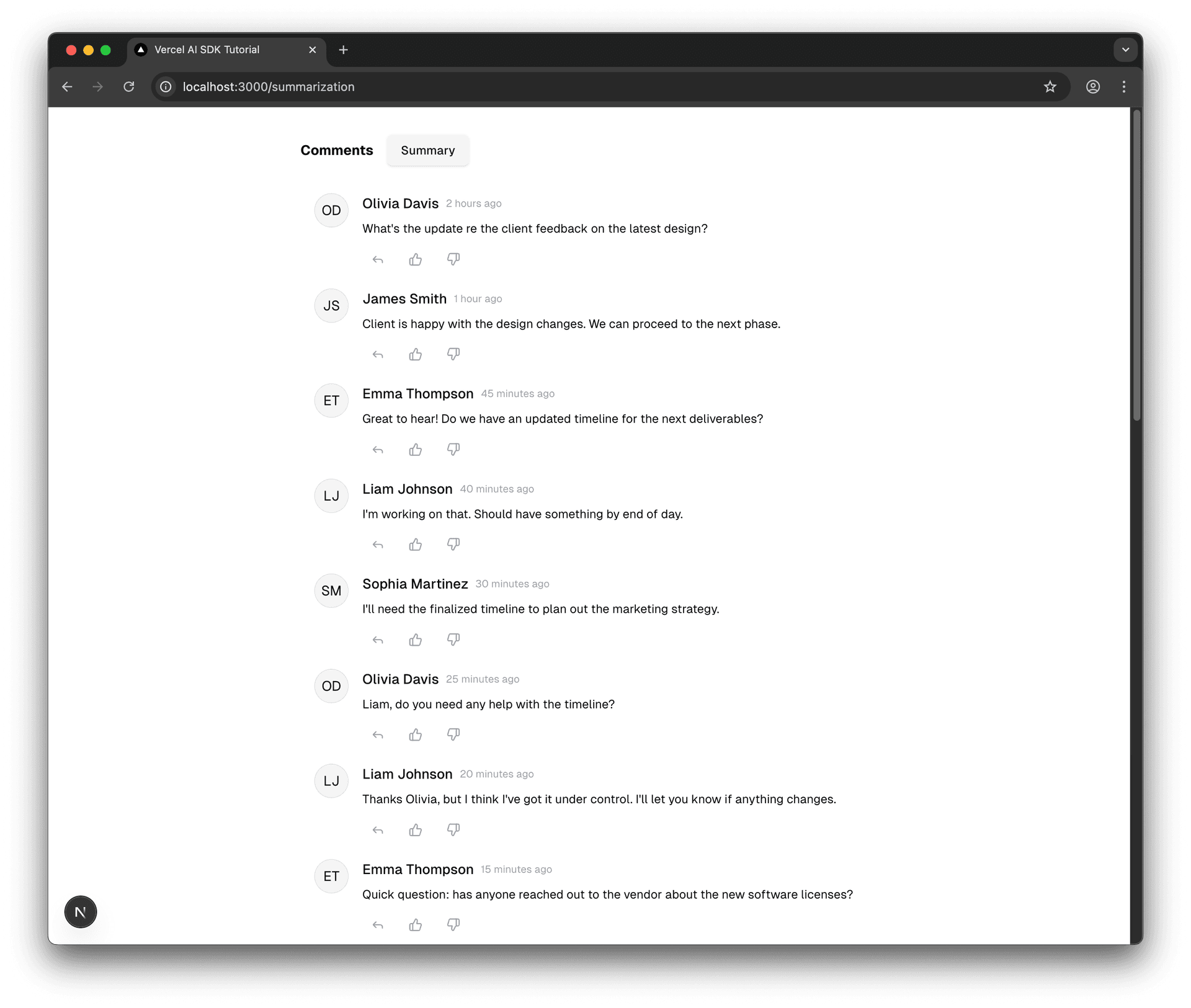 Screenshot of the '/summarization' page showing the list of comments and the 'Summarize' button.