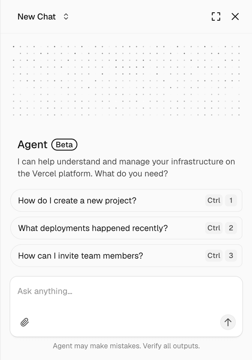 Starting a conversation with Vercel Agent from the dashboard.
