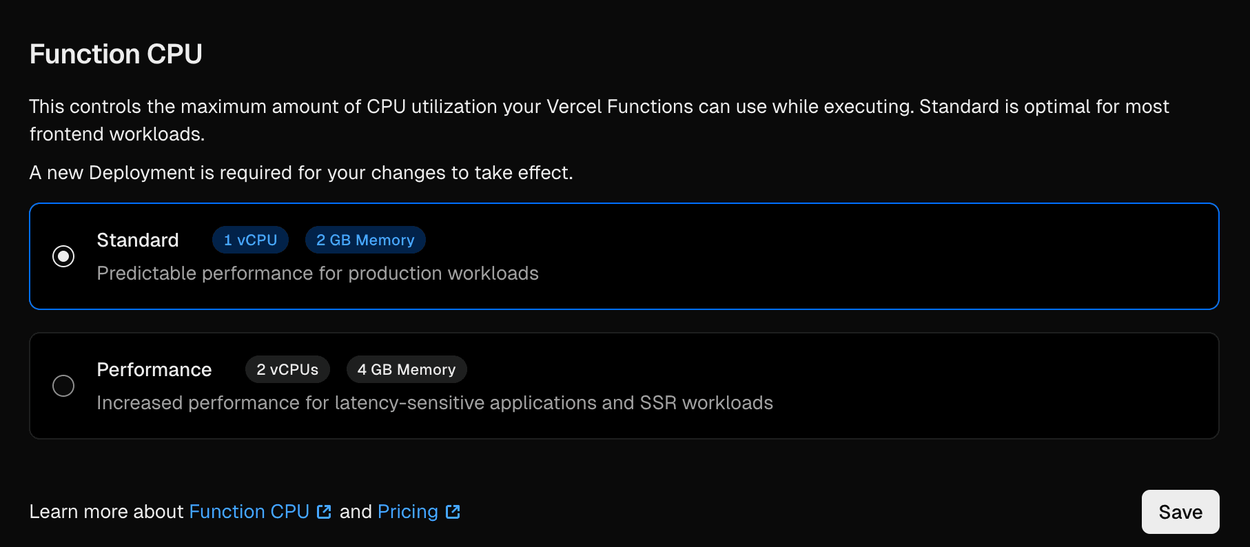 The Function CPU setting in a Vercel project's dashboard