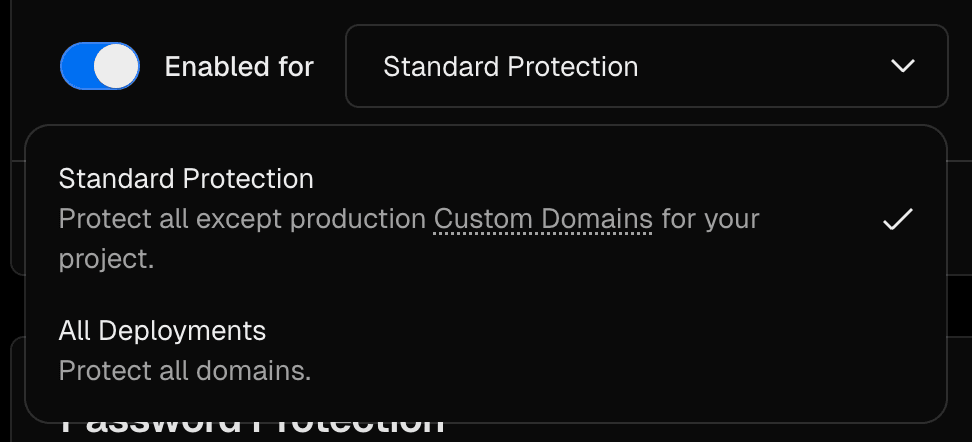 Selecting Standard Protection in the Vercel Dashboard.