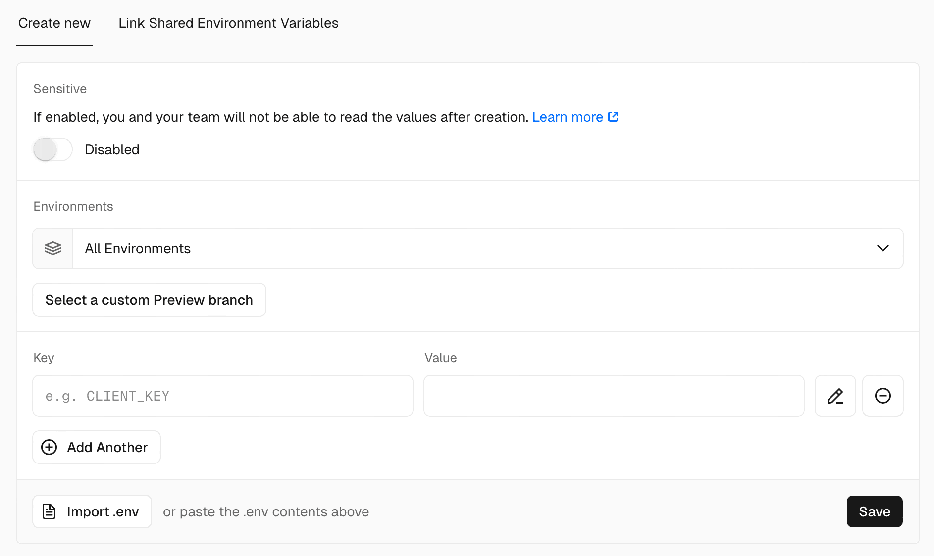 The 'Add New' section of the Environment Variables page in the Project Settings.