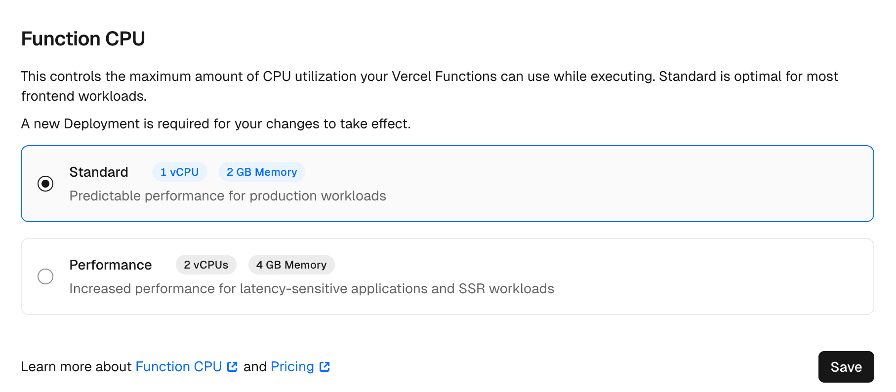 The Function CPU setting in a Vercel project's dashboard