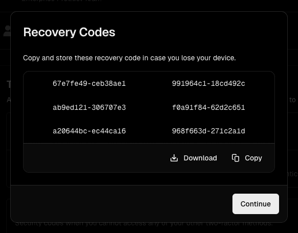 The recovery codes modal.