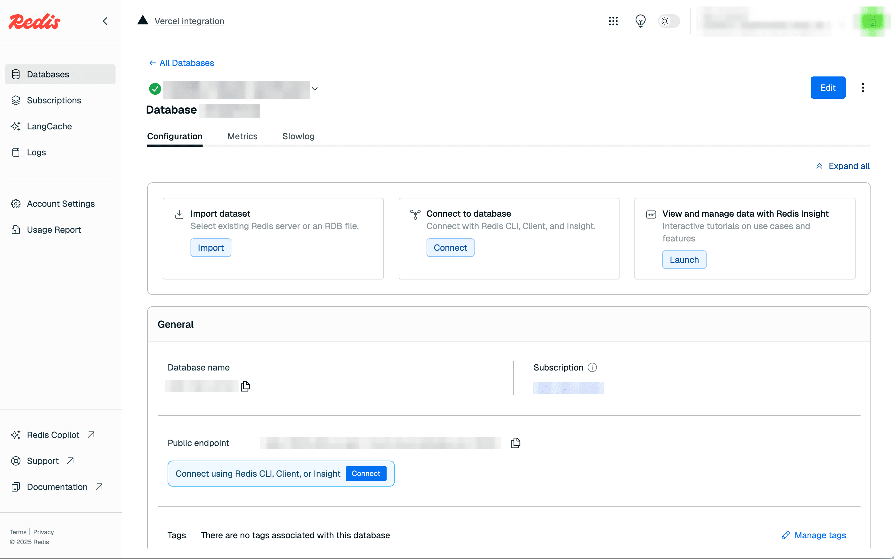 The page for a database on the Redis dashboard