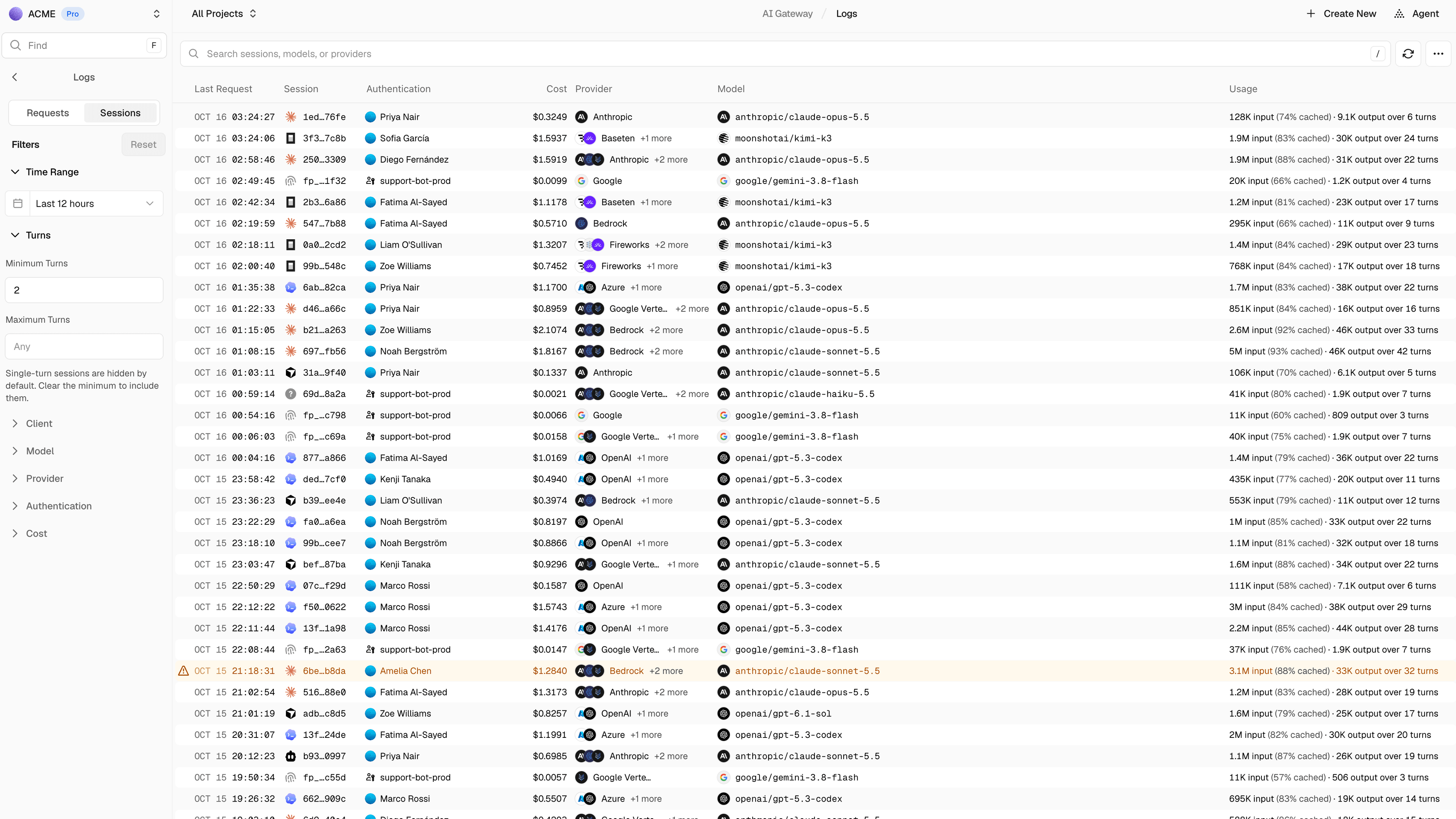 See logs grouped by sessions with a view into cache hit rate, session id, cost, and more.