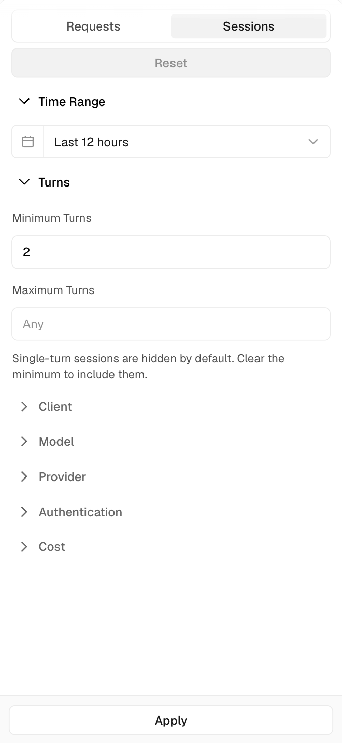 See logs grouped by sessions with a view into cache hit rate, session id, cost, and more.