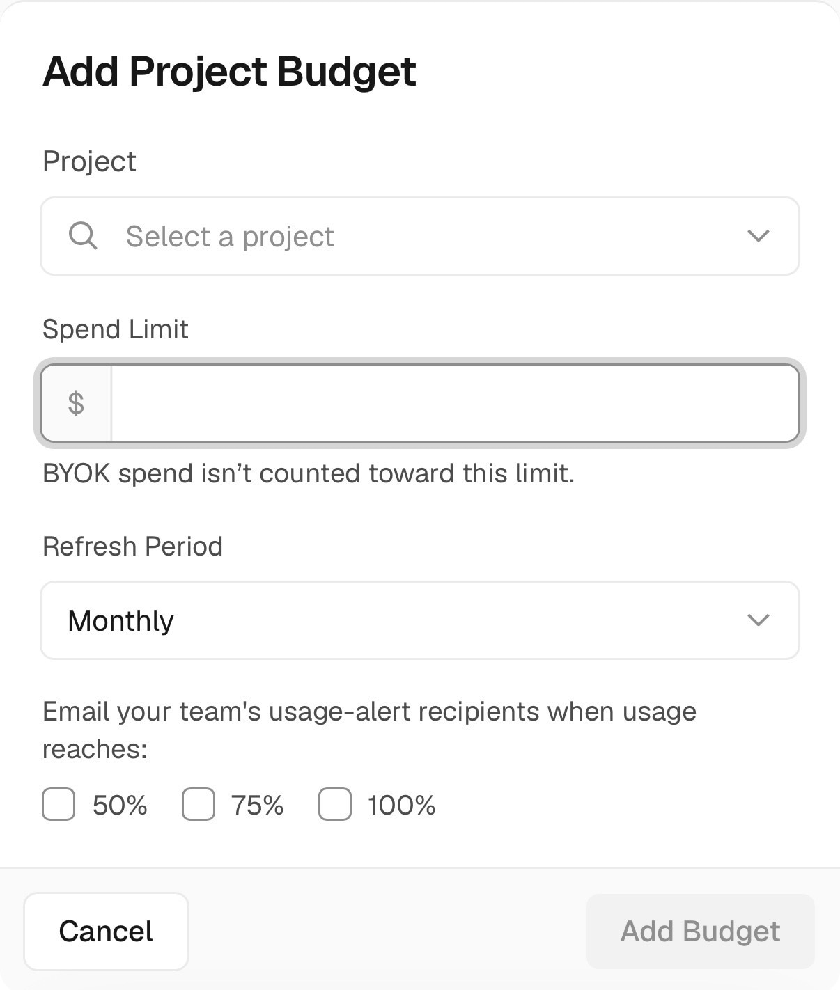 Set a per-project or per-API key budget with refresh periods and email notifications.