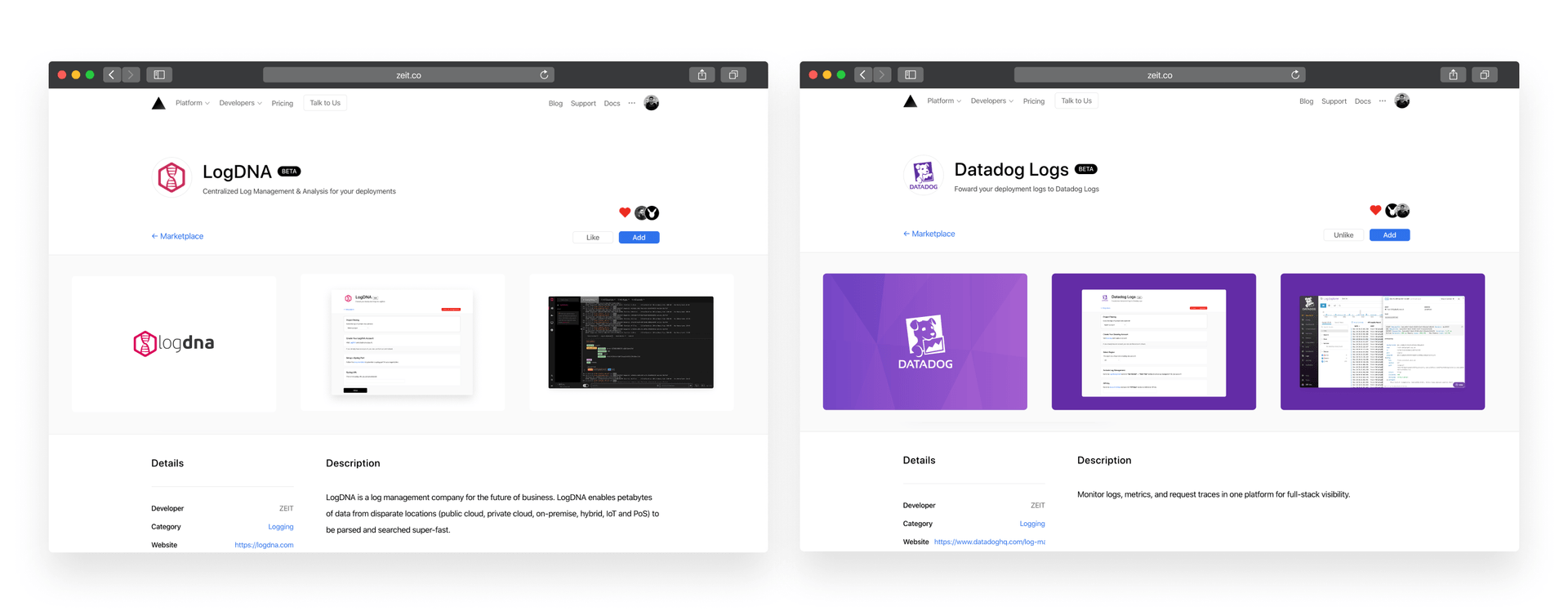 The LogDNA and Datadog integrations available in the ZEIT Integrations marketplace.