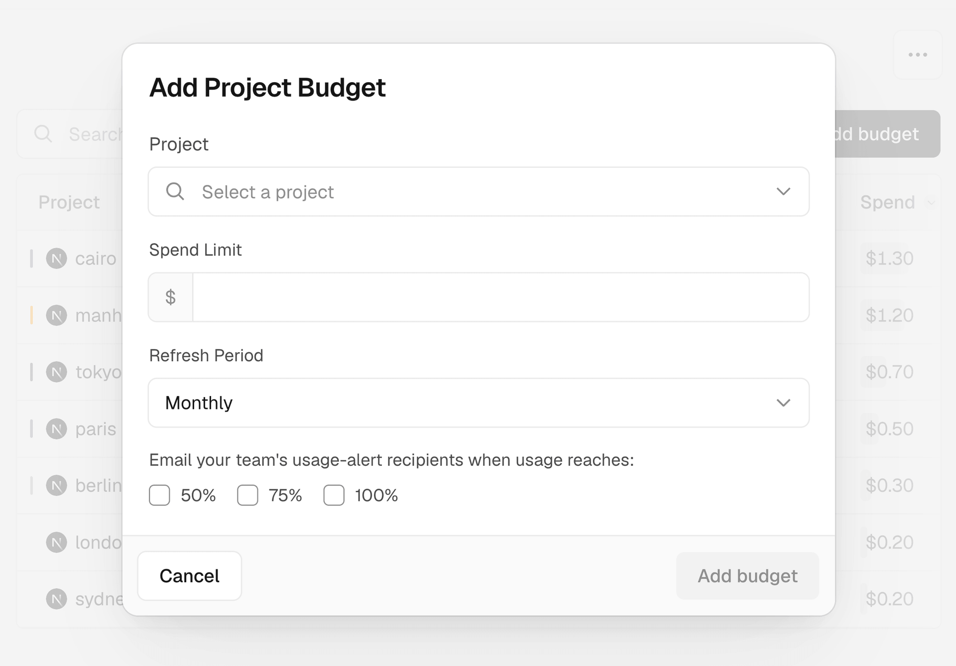Set a per-project or per-API key budget with refresh periods and email notifications.