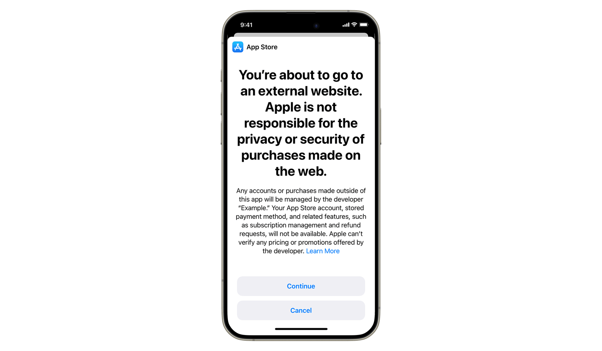 Example of a system warning shown before opening an external payment link which adds friction and undermines trust in alternative payment options.