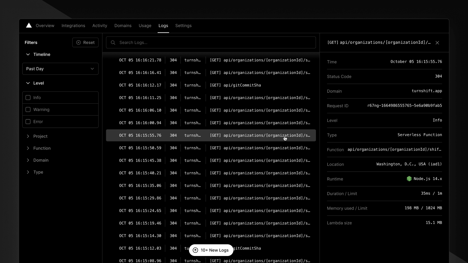 Screenshot on the improved logs UI, showing the logs from an example application. It has three main columns, the left one with filters, the central with the logs' feed, and the right one with the selected log's details