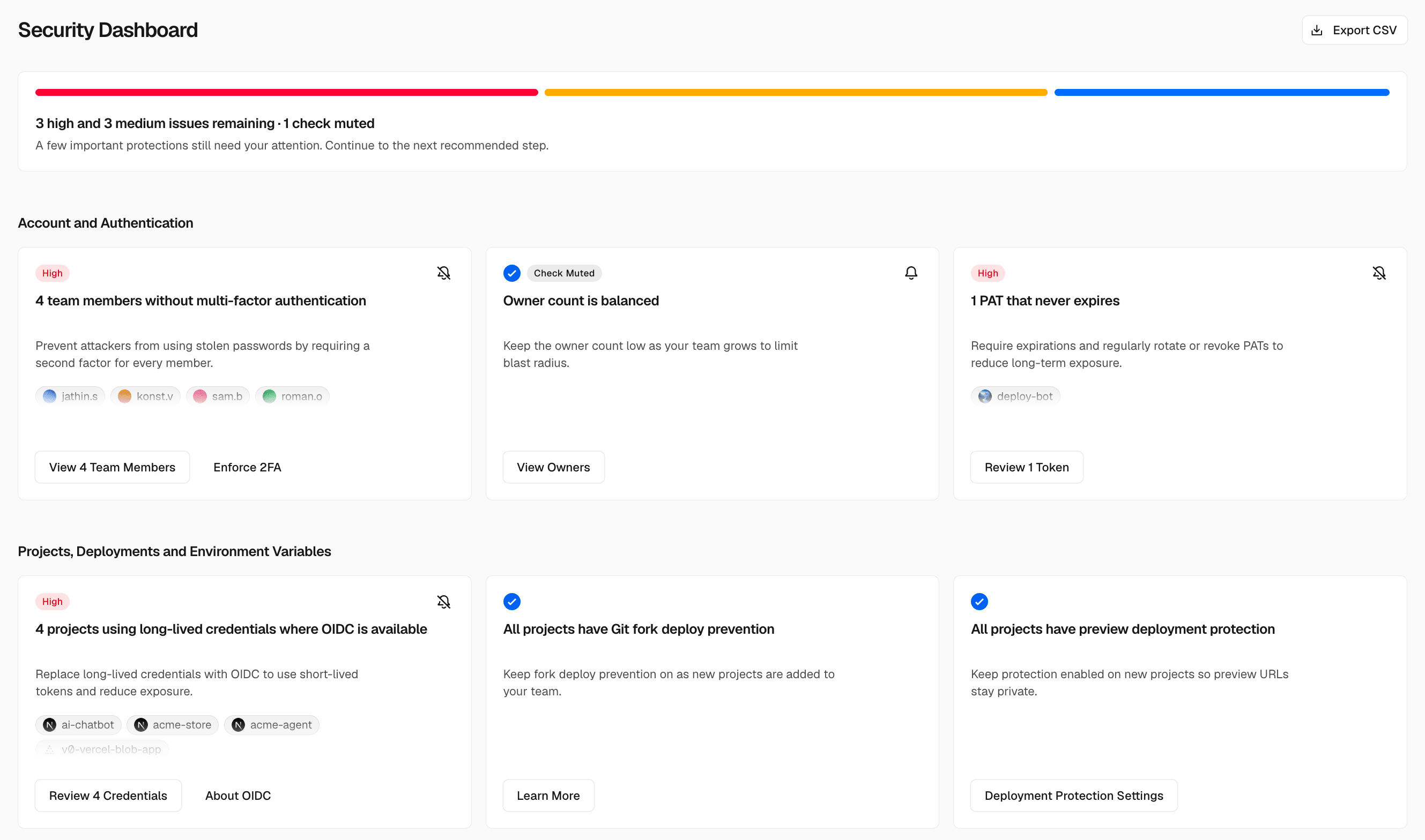 See all security misconfigurations, ordered by severity. Each issue links directly to the settings you can configure to resolve it.