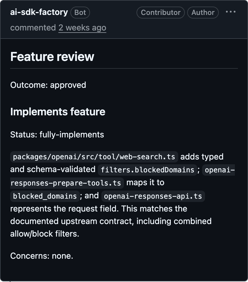 AI SDK software factory provides a review of the PR it authored