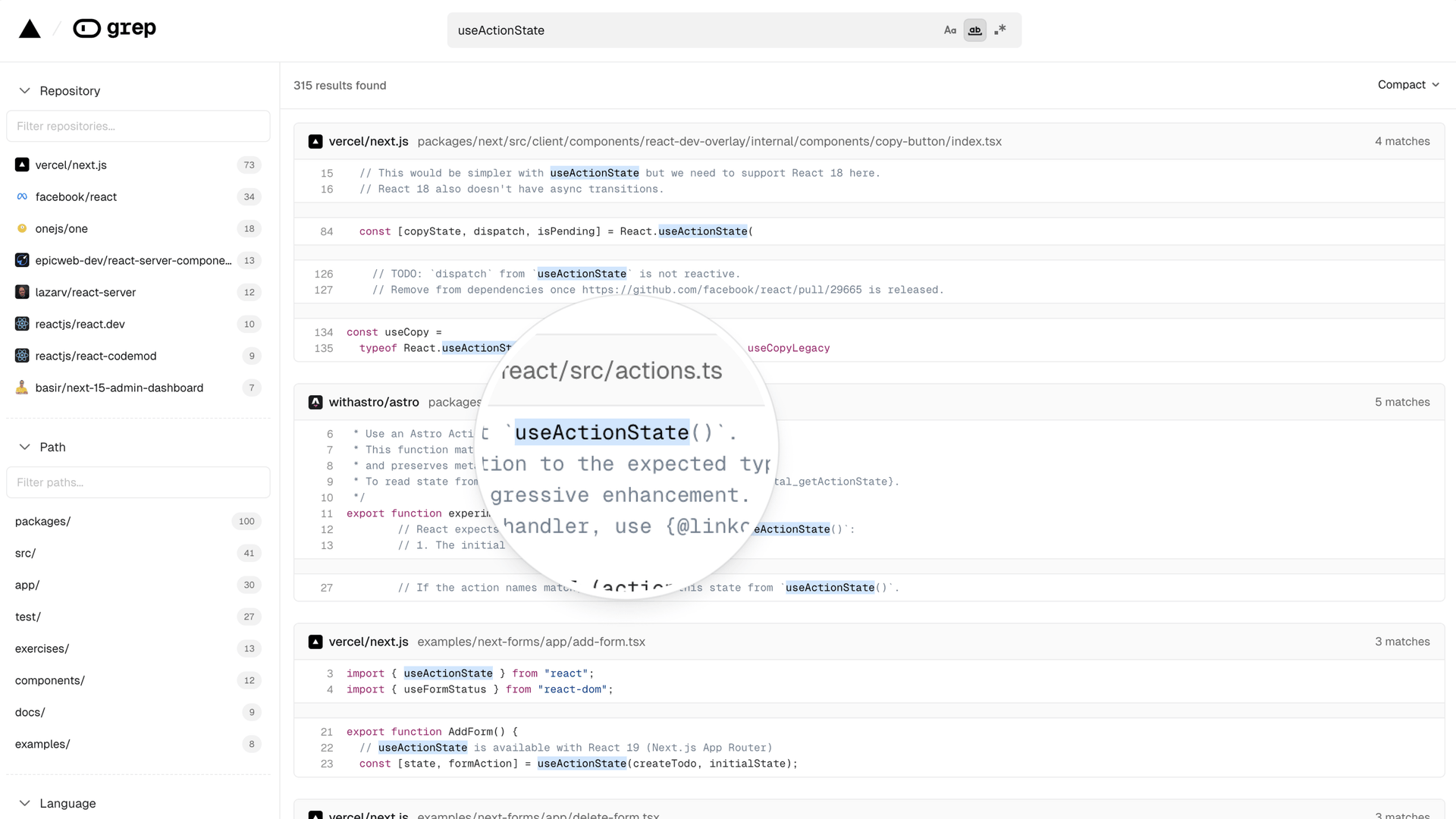 Example of searching for useActionState.
