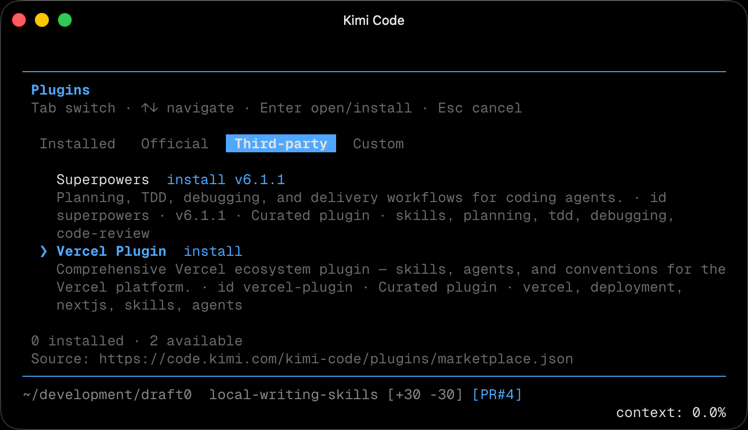 Vercel Plugin in Kimi Code