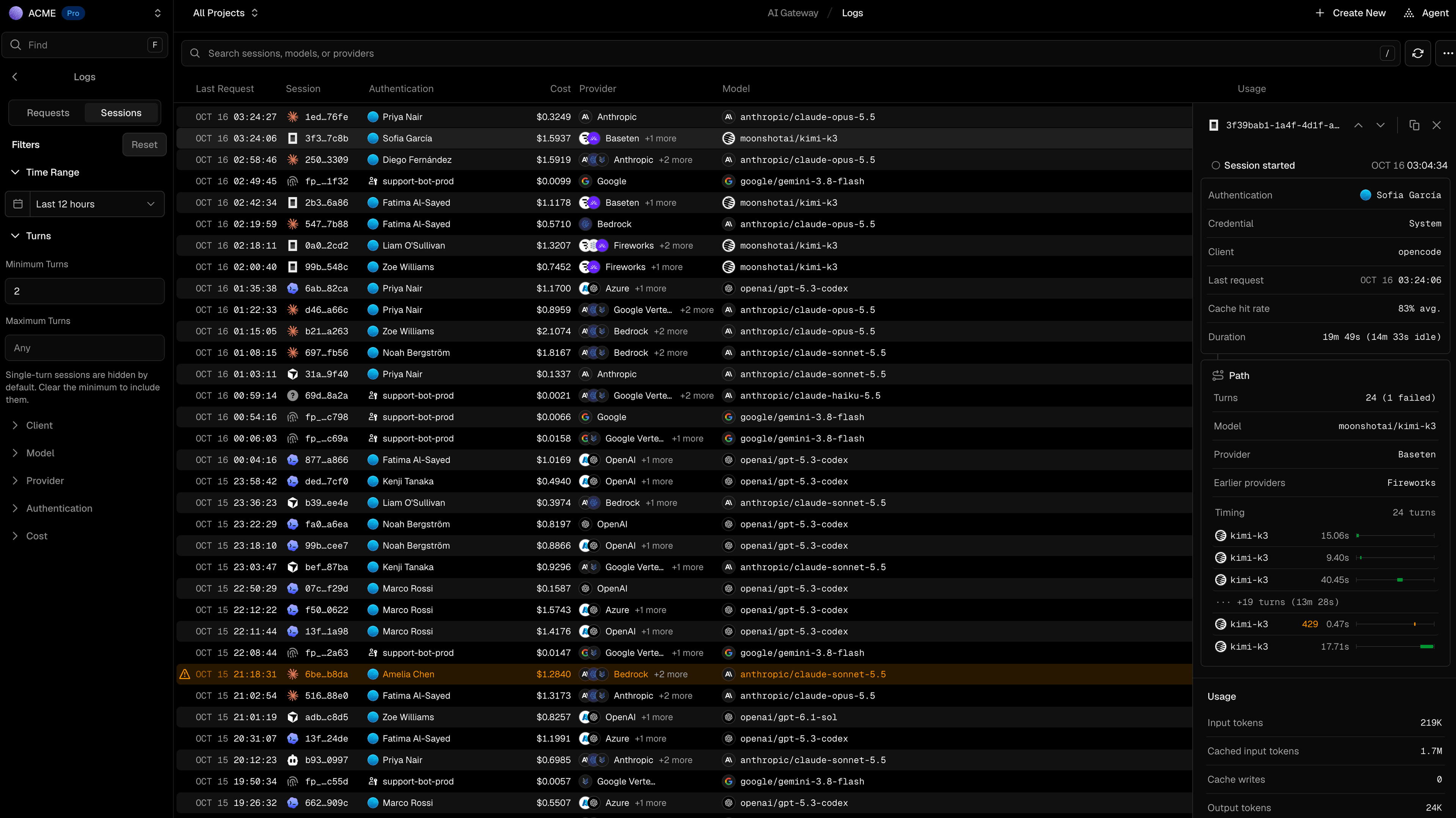 View individual sessions to see more detailed information on the requests and metrics.