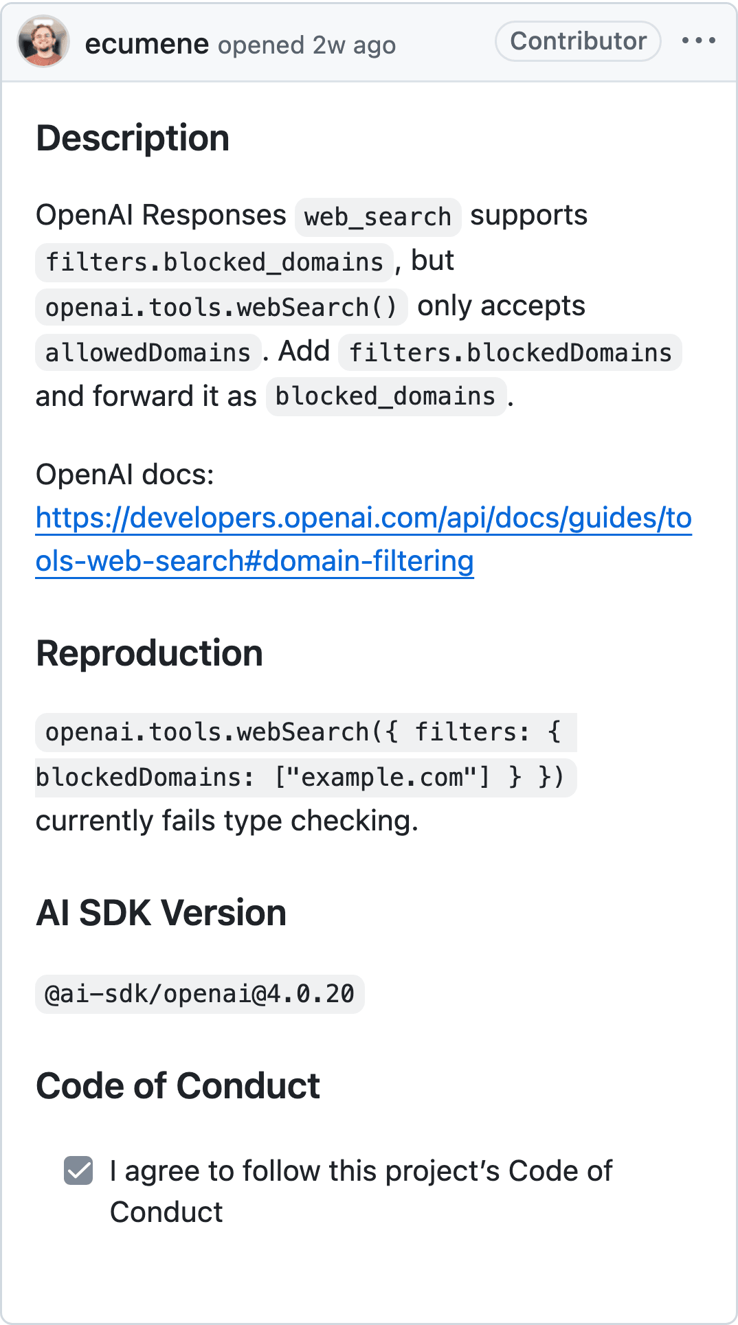 An AI SDK issue opened by the community