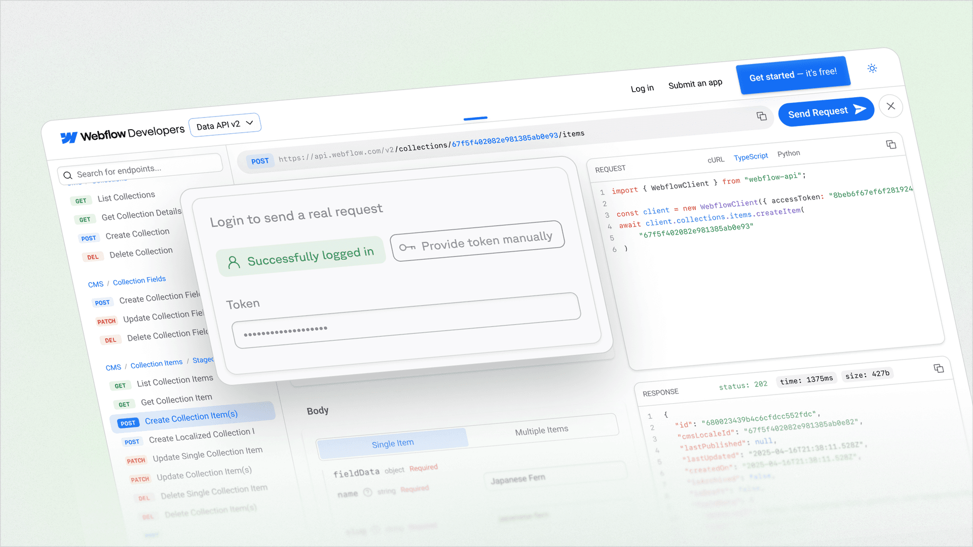 Example of developer documentation built with Fern and hosted on Vercel.