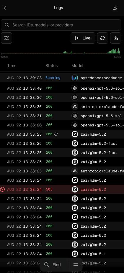 Asynchronous pending requests show up as 'Running' at the top of the AI Gateway logs page