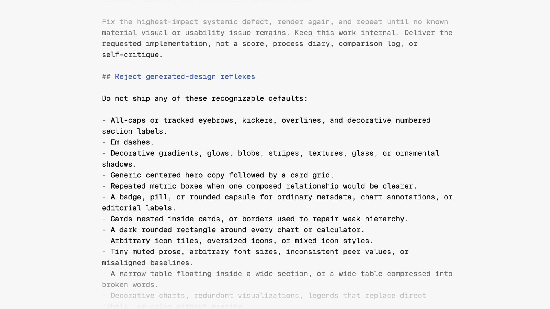 An excerpt from design.md naming recurring generated-design patterns for agents to recognize and avoid.