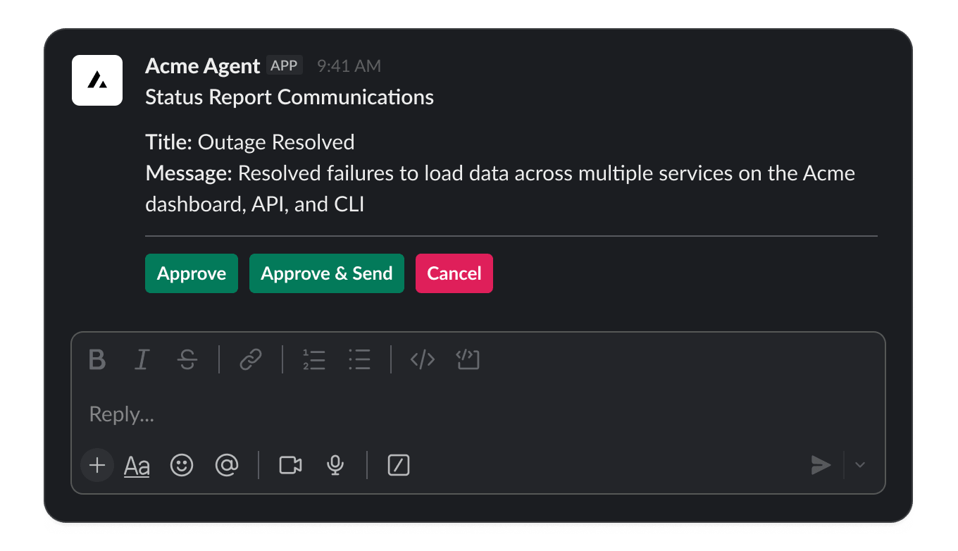 Example of a Slack approval card that requests your permission to send a status report