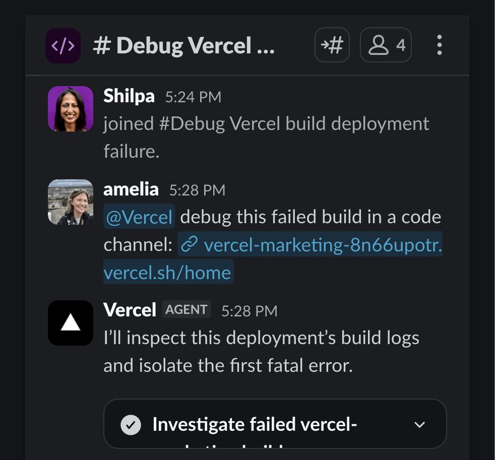 Vercel Agent creates a Slack code channel to debug a failed build.