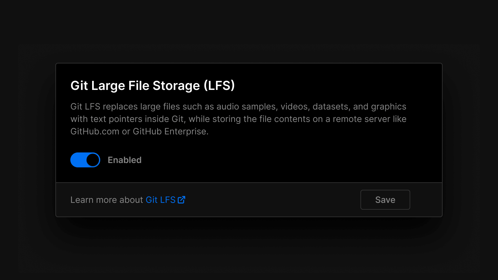 Git LFS replaces large files such as audio samples, videos, datasets, and graphics with text pointers inside Git, while storing the file contents on a remote server like GitHub.com or GitHub Enterprise.