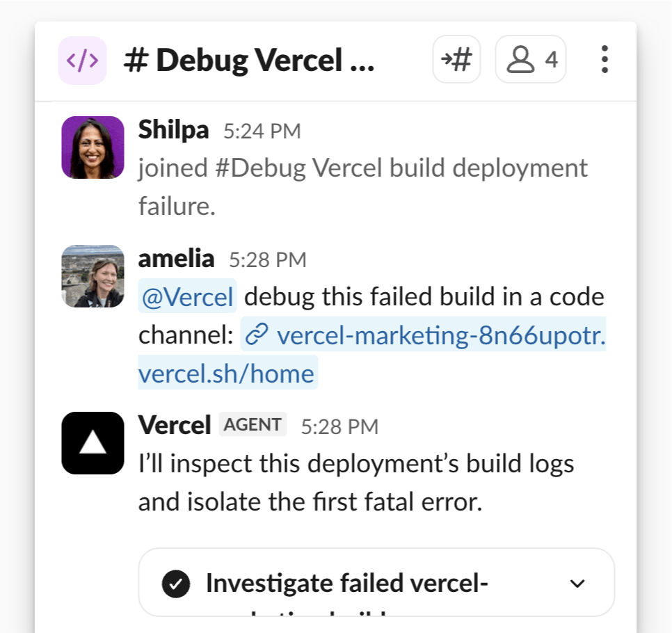 Vercel Agent creates a Slack code channel to debug a failed build.