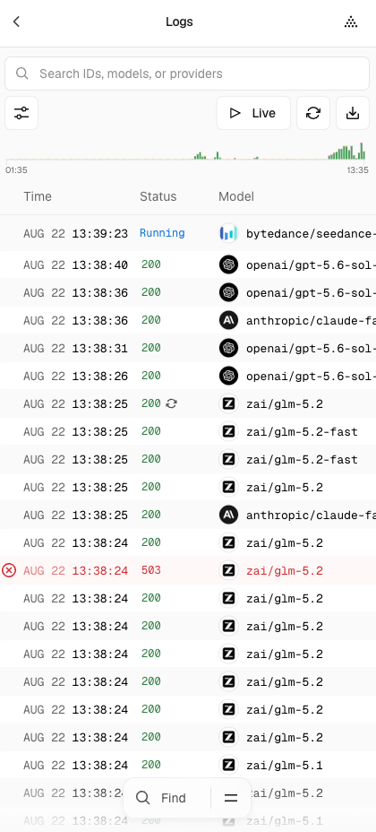 Asynchronous pending requests show up as 'Running' at the top of the AI Gateway logs page