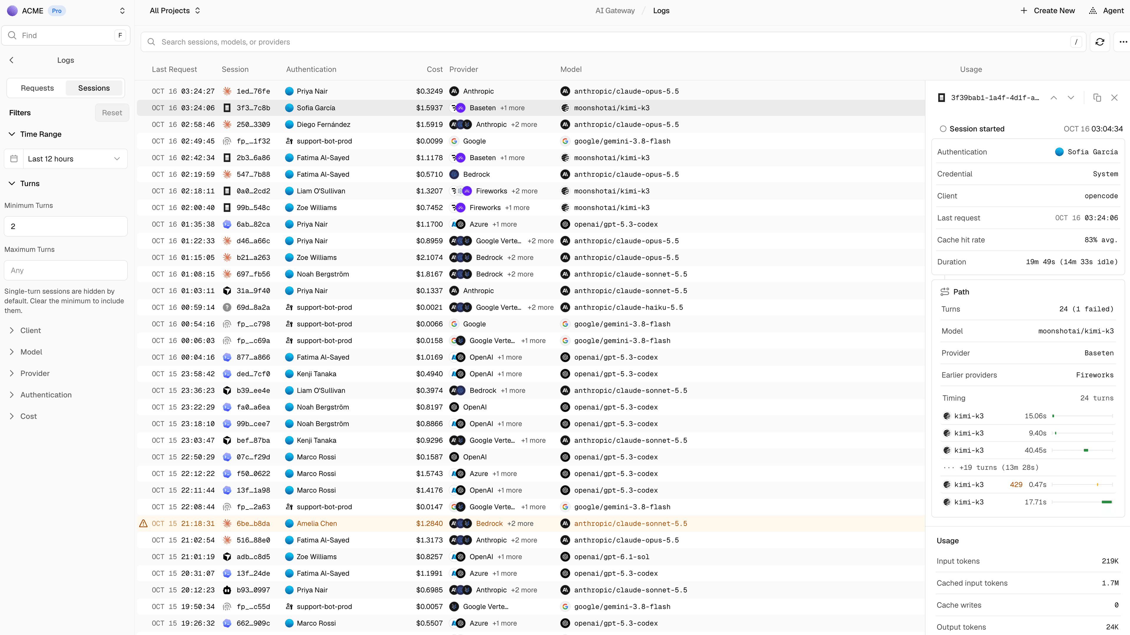 View individual sessions to see more detailed information on the requests and metrics.