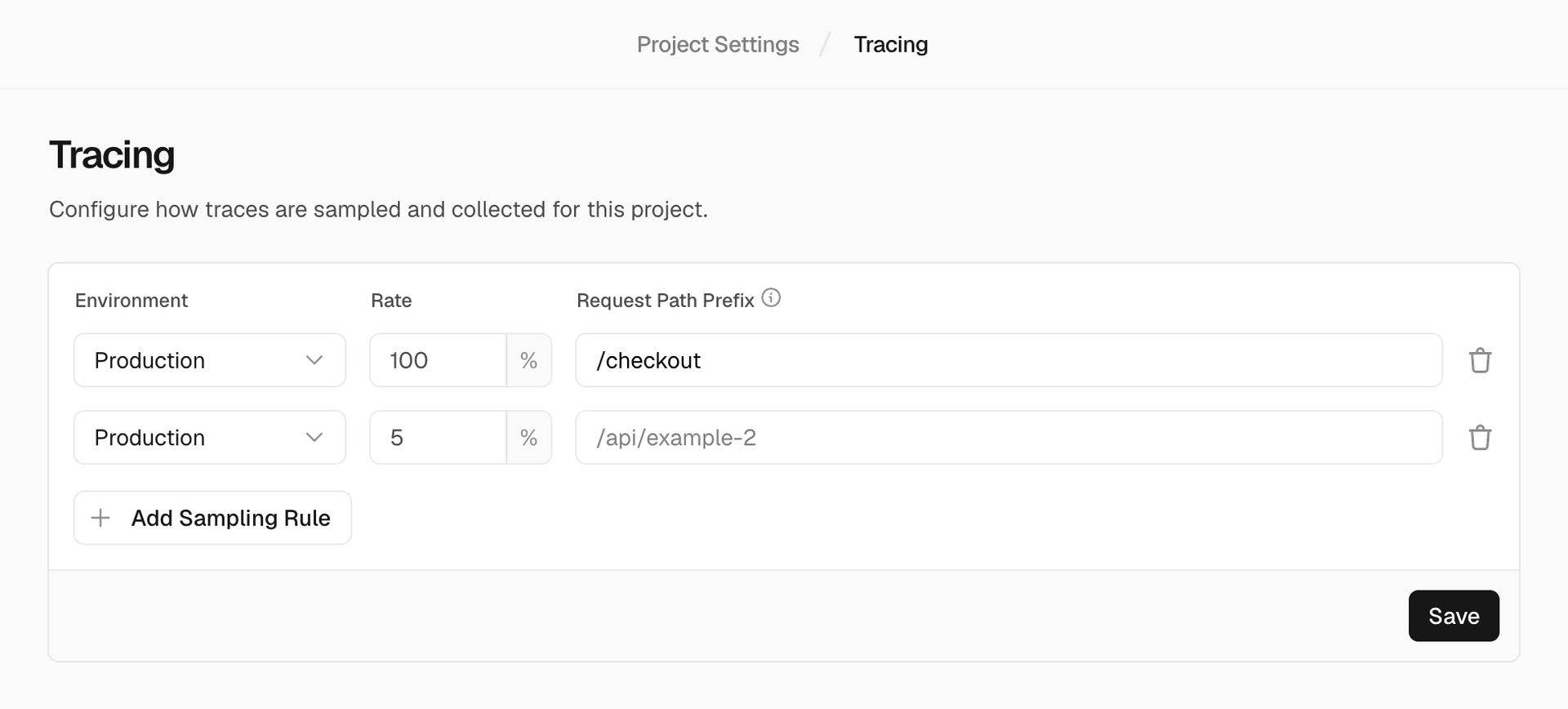 Configuring sampling rules for a project.