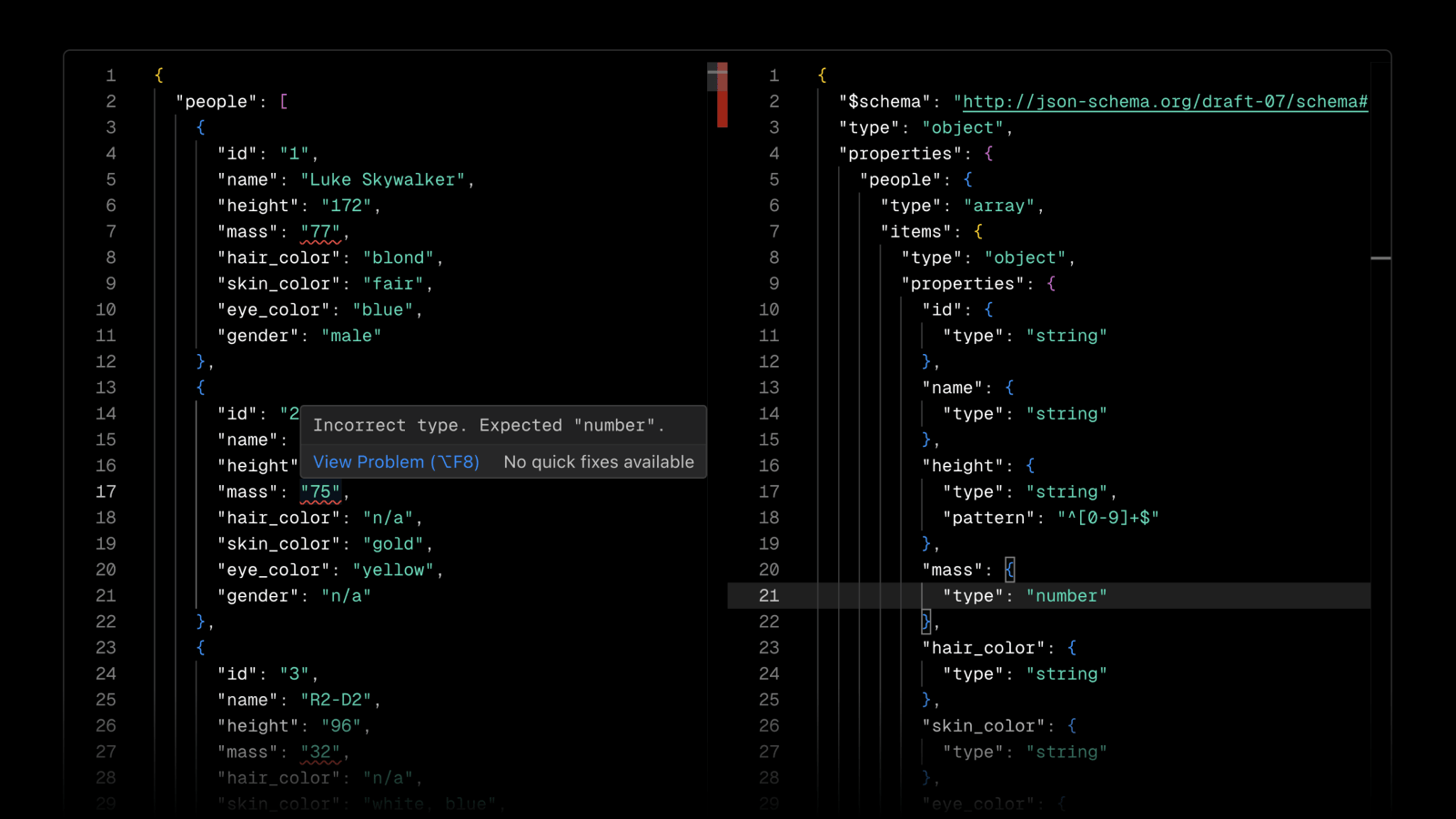 An Edge Config with a JSON schema attached, and the editor displaying a validation error.
