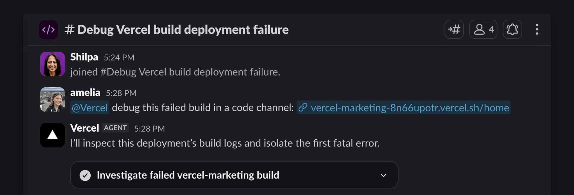 Vercel Agent creates a Slack code channel to debug a failed build.