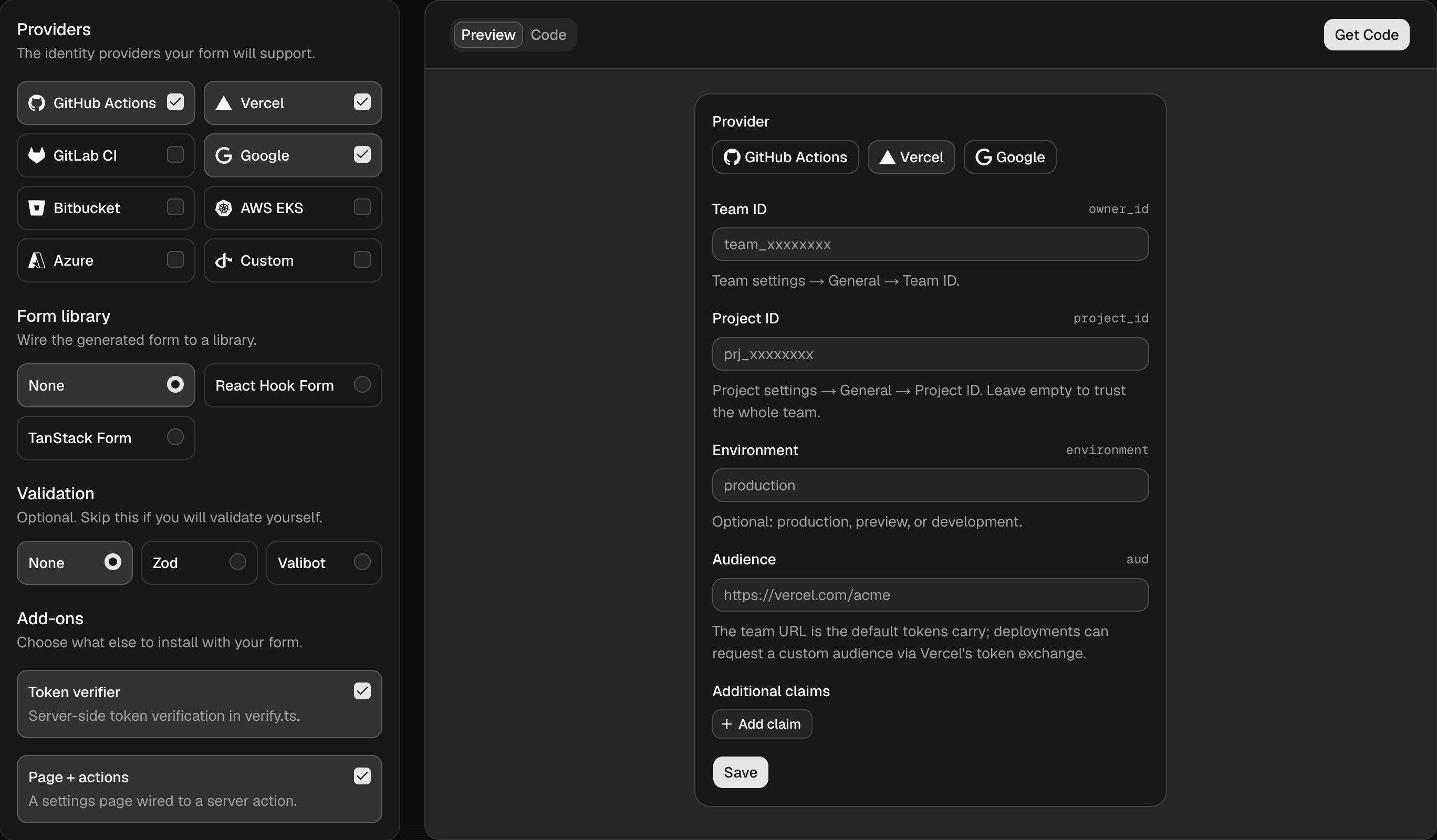 OIDC UI builder with identity provider, form library, and verifier options on the left and a Vercel trust-policy form preview on the right.