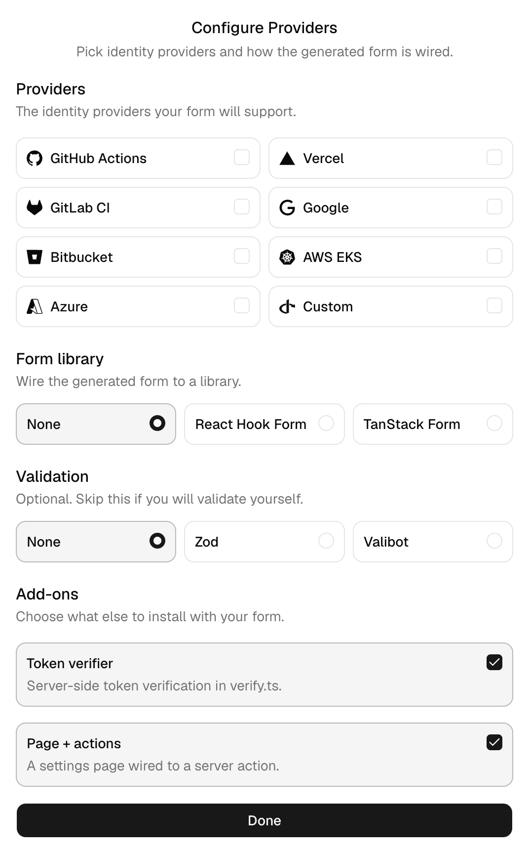 OIDC UI builder with identity provider, form library, and verifier options on the left and a Vercel trust-policy form preview on the right.