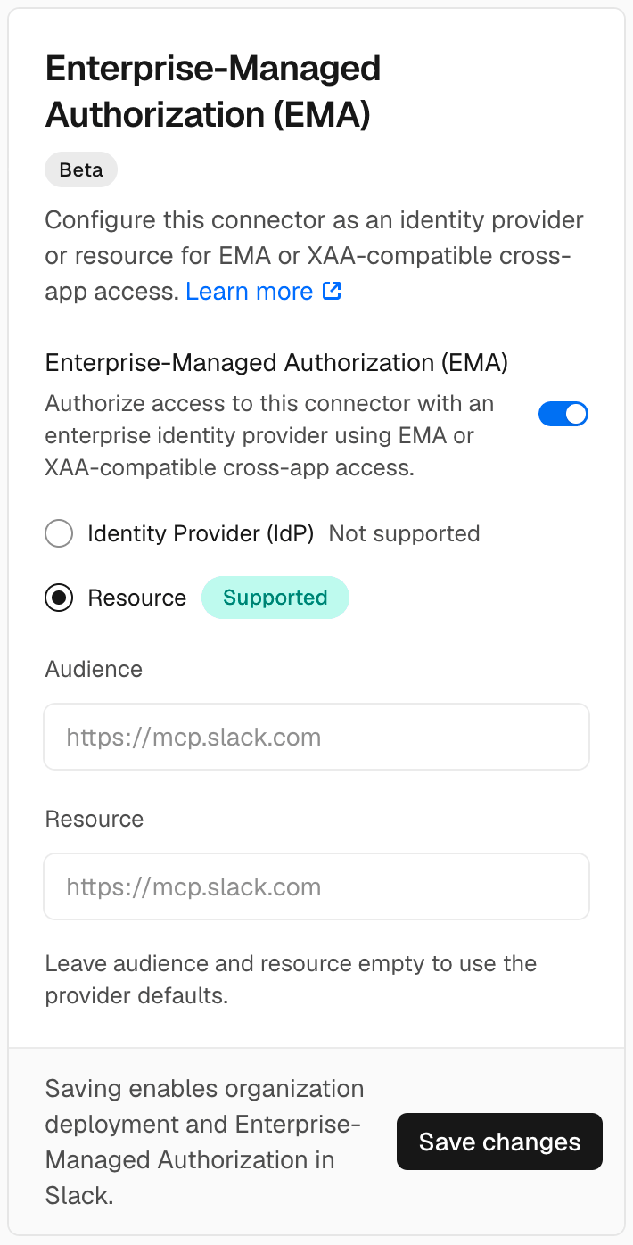 Enterprise-Managed Authorization enabled for a Slack connector with Resource selected.