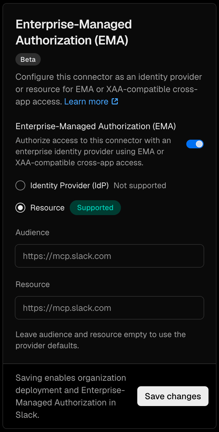 Enterprise-Managed Authorization enabled for a Slack connector with Resource selected.