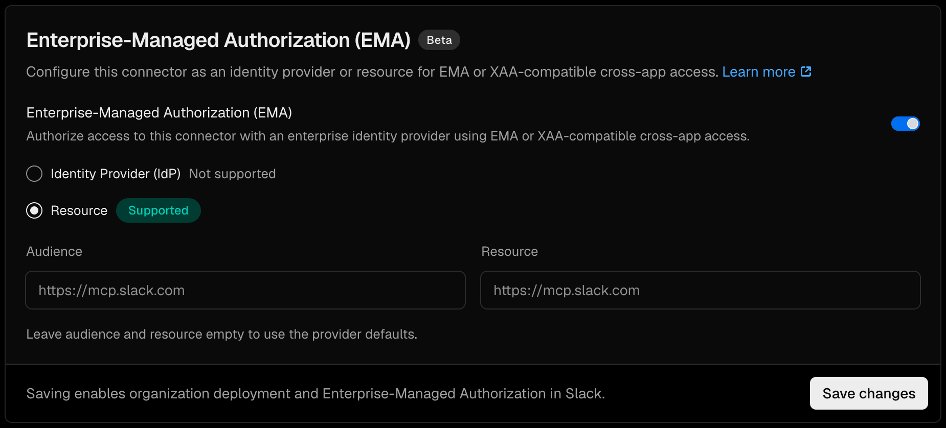 Enterprise-Managed Authorization enabled for a Slack connector with Resource selected.