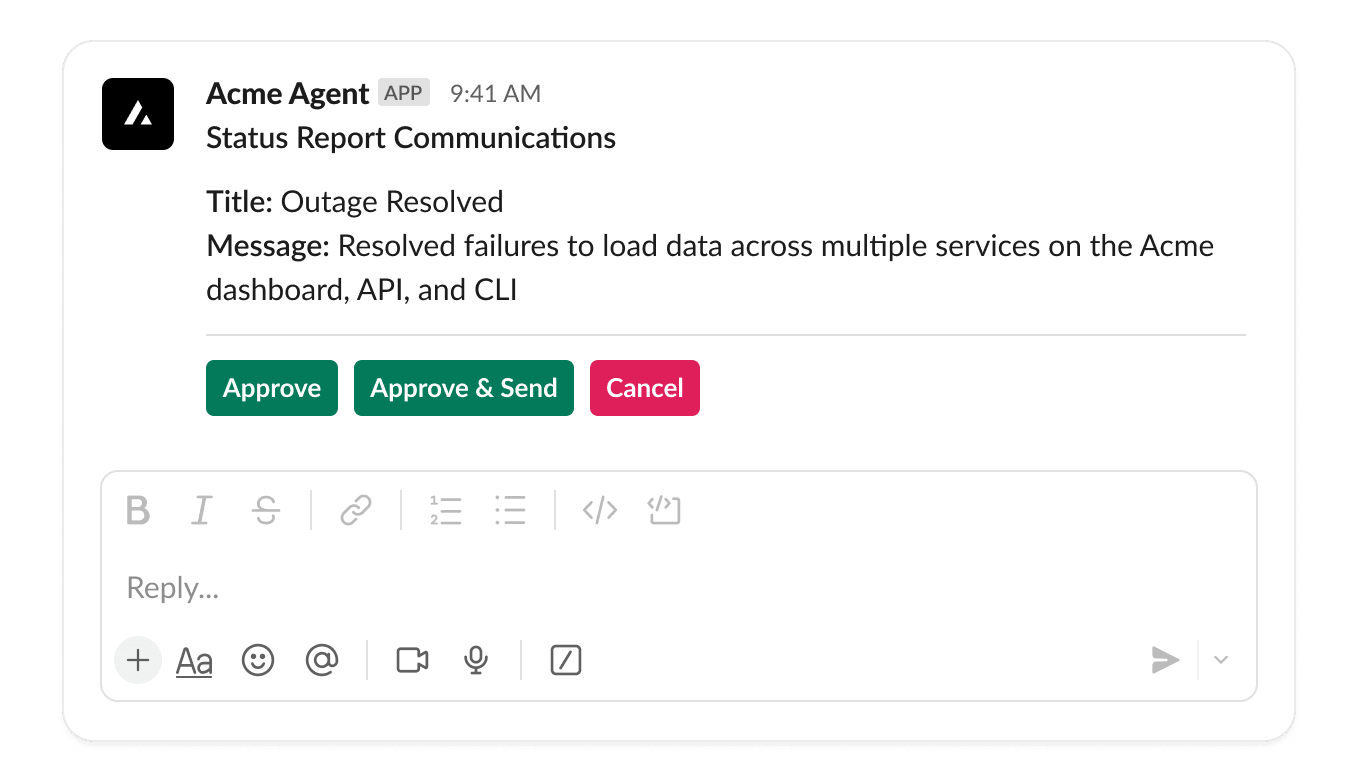 Example of a Slack approval card that requests your permission to send a status report
